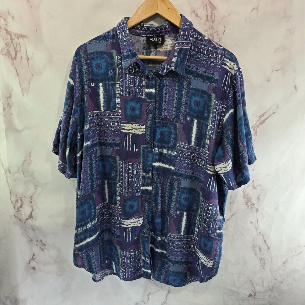 Vintage Rayon Shirt Womens 3X Blue Purple Button Up Camp Short Sleeve 80s 90s